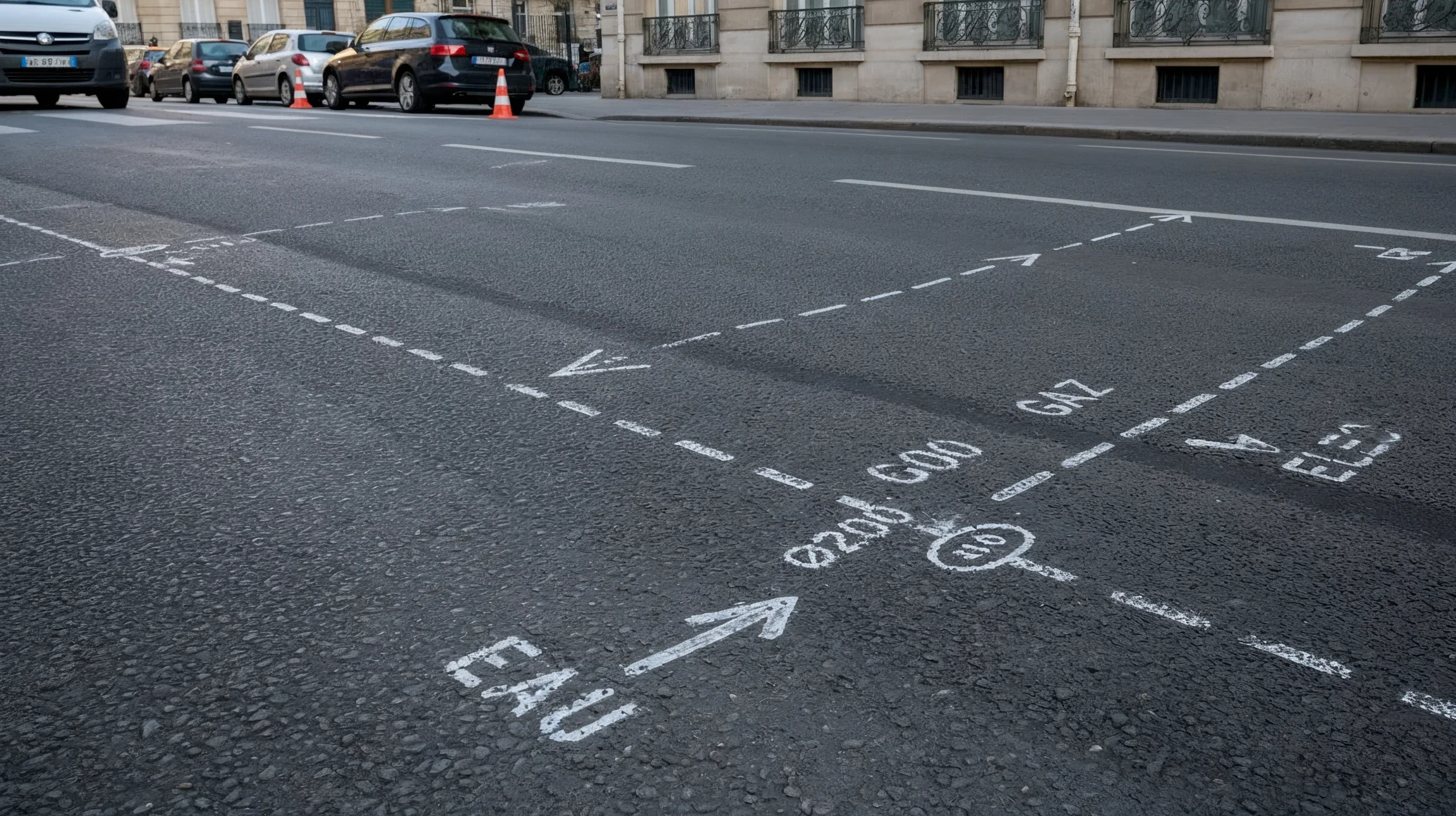 Ouvrier en équipement de protection applique de la peinture bleue au pinceau sur marquage au sol extérieur