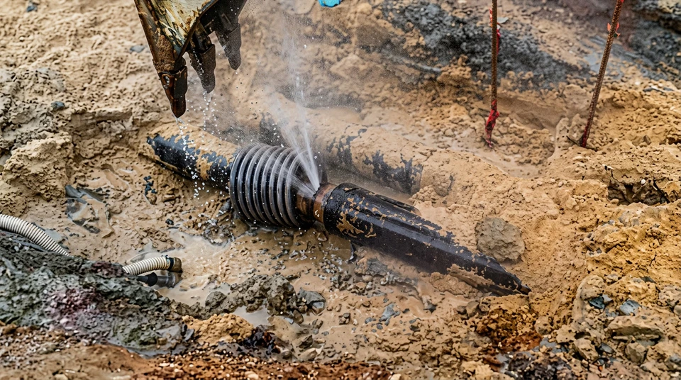Scène extérieure résidentielle avec chauffe-eau électrique défaillant abandonné sur trottoir béton